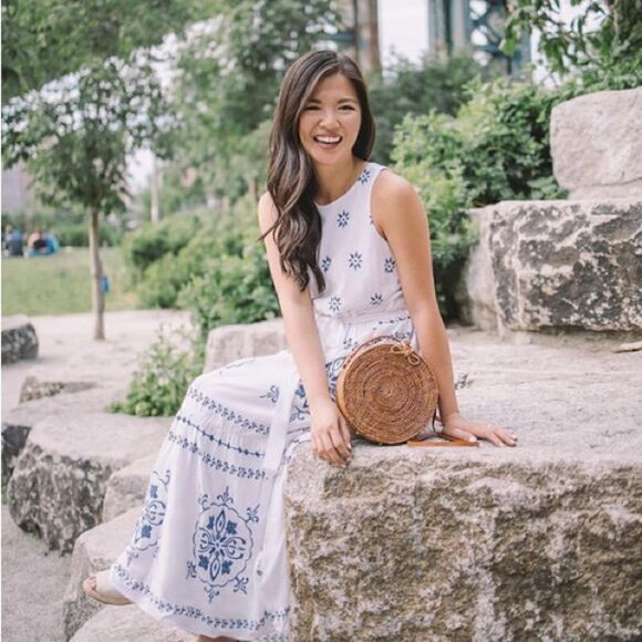 NWT Loft wavy embroidered medallion white navy maxi dress Sz S - Picture 4 of 10